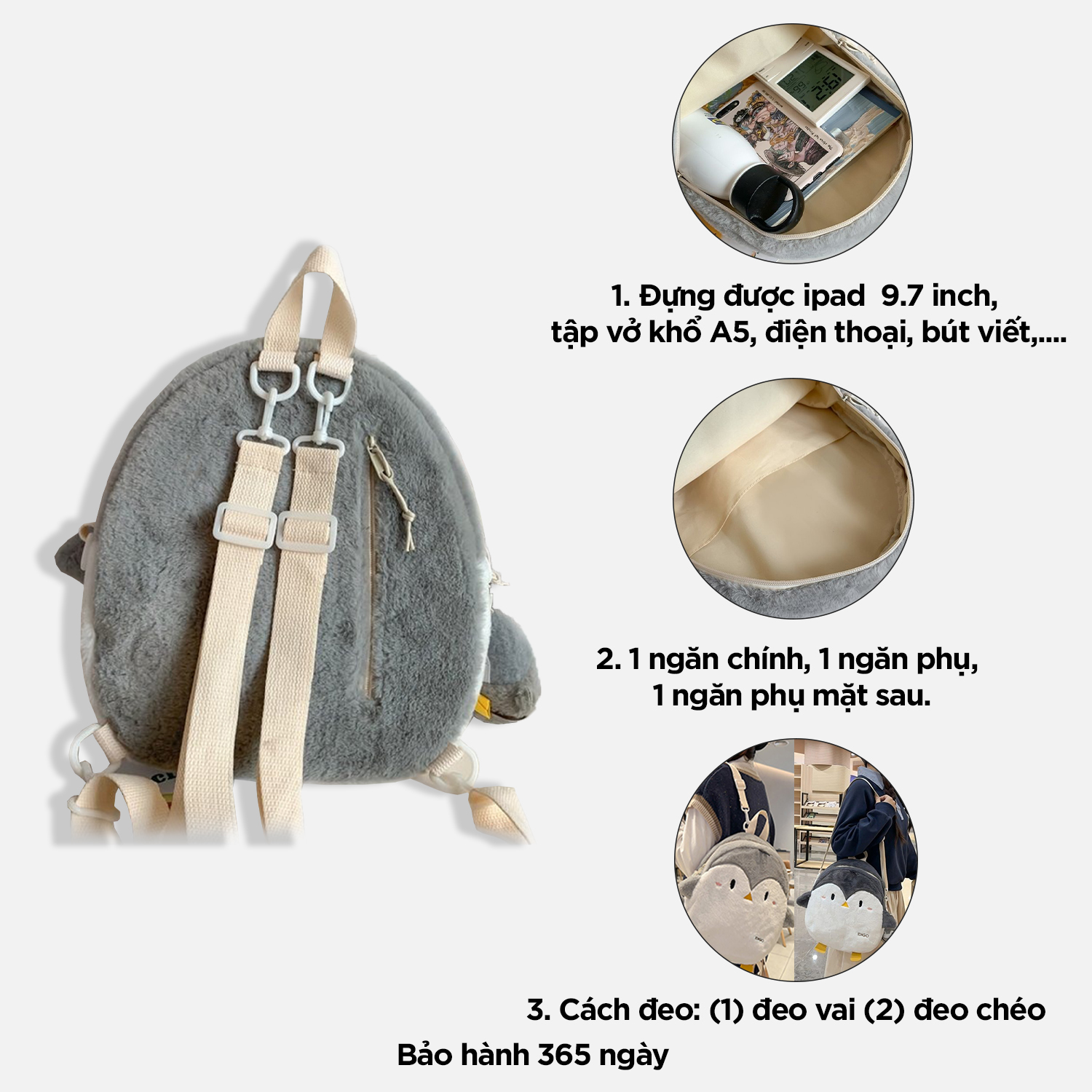 Balo nữ chim cánh cụt dễ thương, túi đeo chéo đi chơi xinh xắn IDIGO FBP6 - 3397