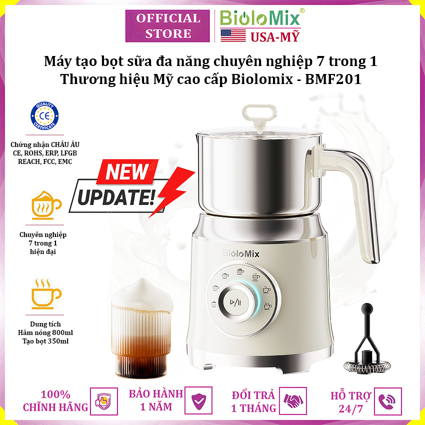 Máy tạo bọt sữa đa năng chuyên nghiệp 7 trong 1 thương hiệu Mỹ cao cấp Biolomix BMF201 - Hàng chính hãng
