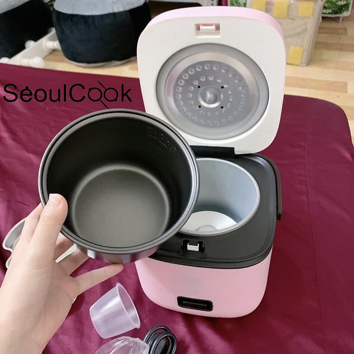 Nồi cơm mini đa năng Rice Cooker Seoulcook cao cấp 1,2l nấu cơm, cháo, chưng, hấp,... tặng khay hấp + vá cơm + cốc đong