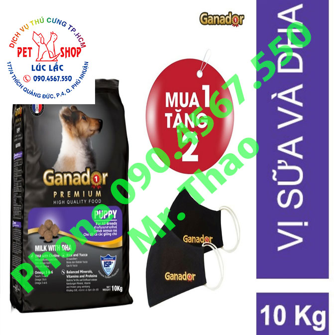 Thức ăn cho chó con Ganador vị sữa &amp; DHA Milk with DHA 10kg - Tặng 2 khẩu trang