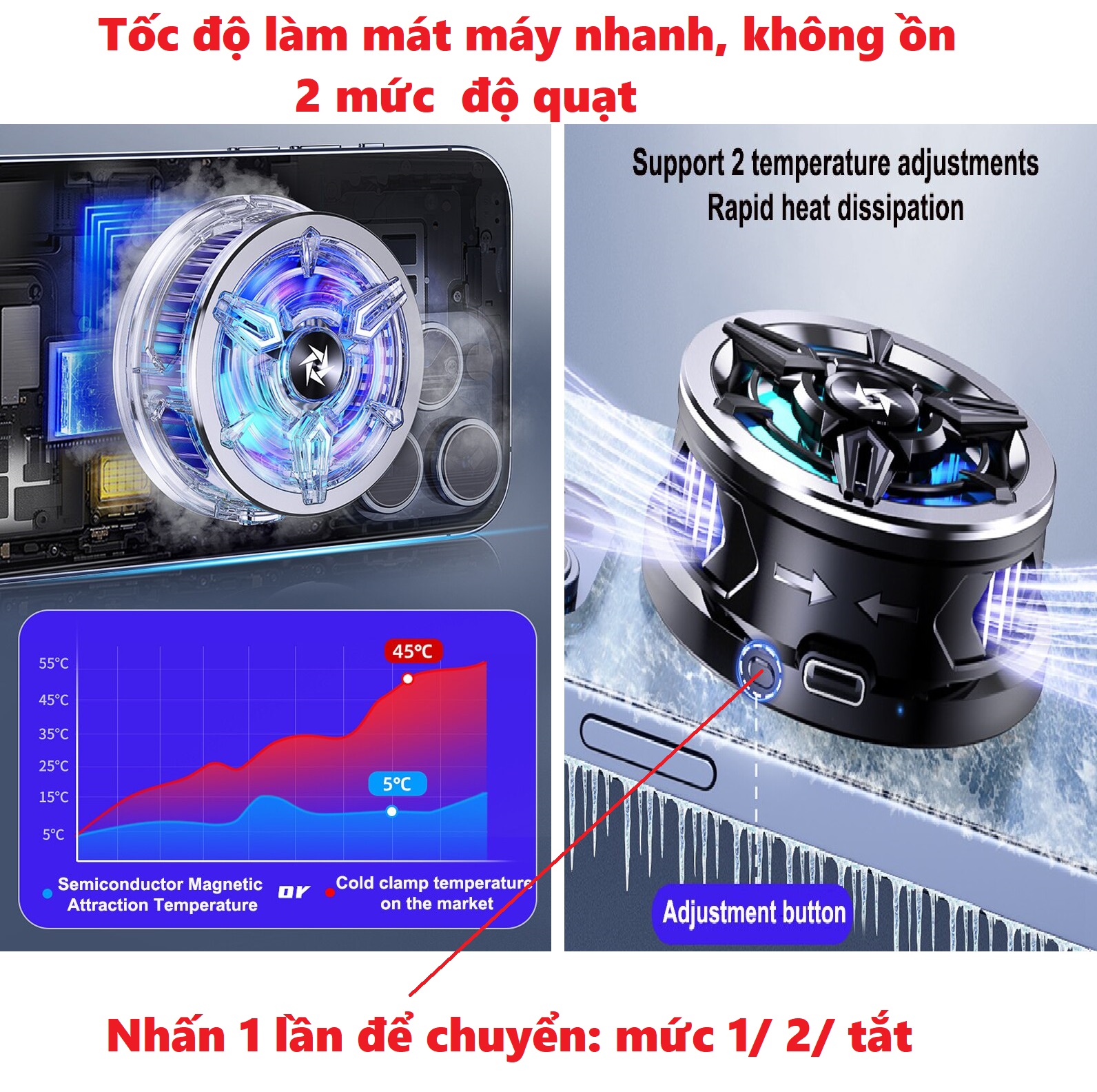 Sò lạnh điện thoại nhỏ gọn quạt tản nhiệt hít nam châm cho điện thoại có đèn LED 2 mức độ Remax SL-13 _ hàng chính hãng