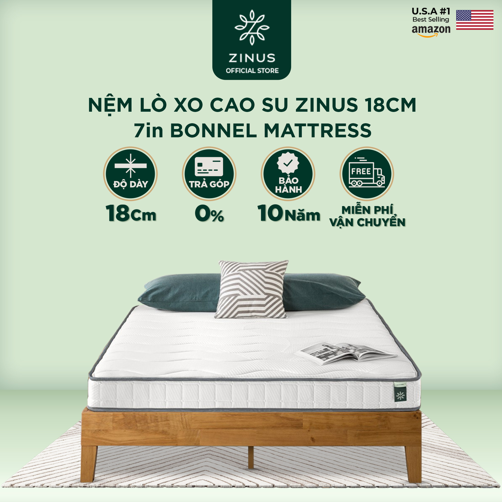 Nệm Lò Xo Cao Su Liên Kết Zinus 18cm Bonnel Mattress