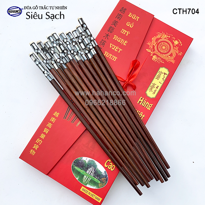 Đũa gỗ Trắc đầu cẩn xà cừ hoa văn thủ công, đẹp mắt (10 đôi) CTH704 - Tặng kèm hộp đẹp làm quà biếu