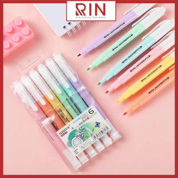 Set 6 bút highlight dạ quang đánh dấu dòng Pastel 2 đầu