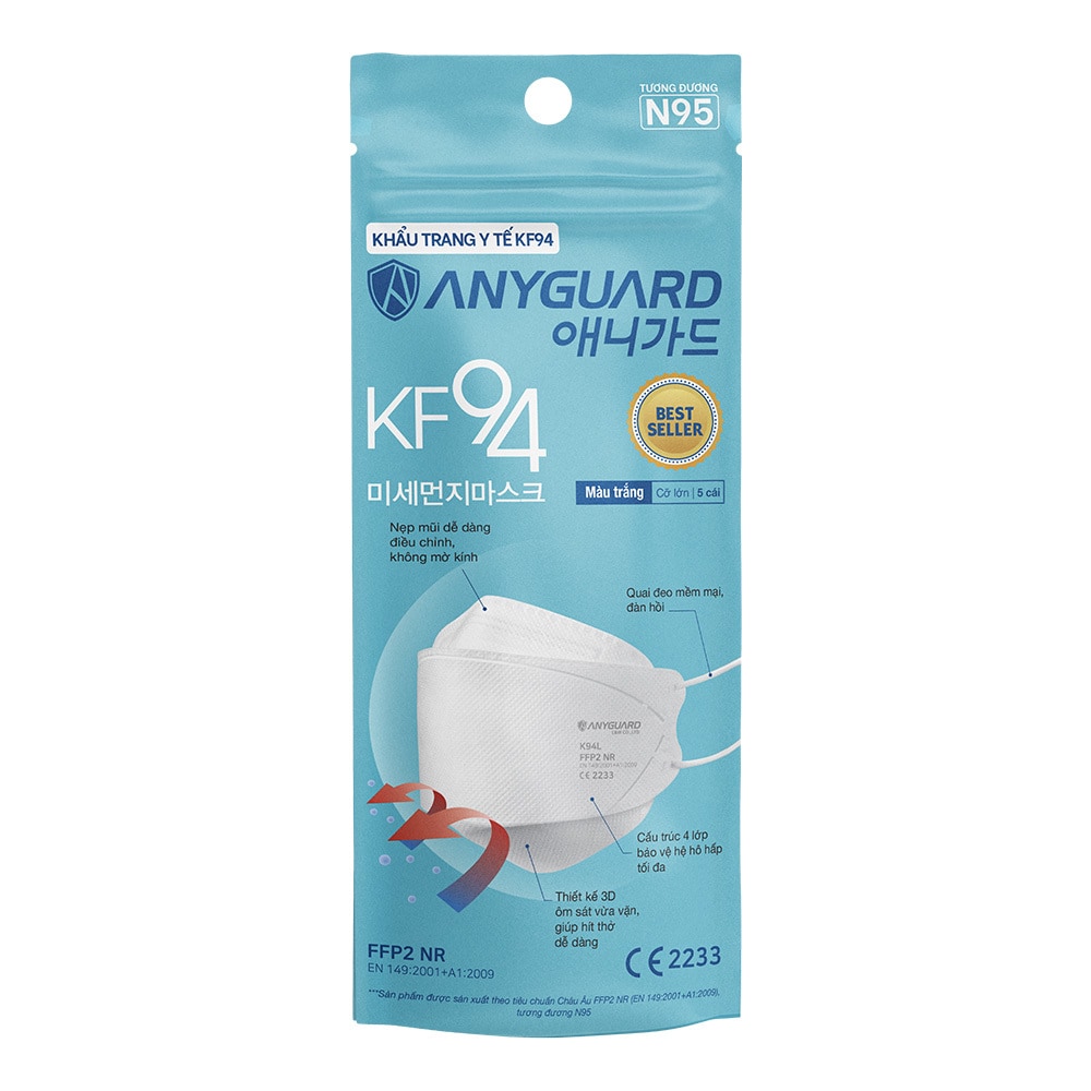 Khẩu Trang Y Tế Anyguard KF94 FFP2 Lớn Màu Trắng Túi 5 Cái/Túi