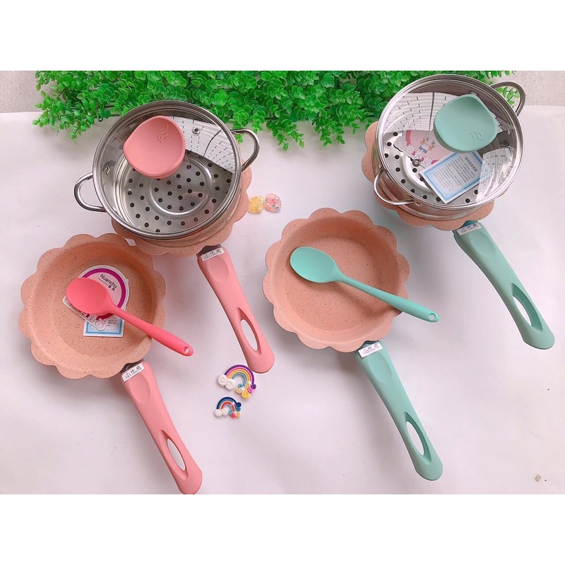 Bộ Nồi Chảo Ăn Dặm Cho Bé Chống Dính 16cm, Set Nồi Chảo Nấu Đồ Ăn Dặm Cho Bé Kèm Xửng Hấp Tặng Kèm Muỗng