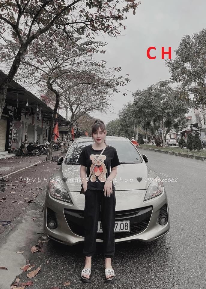 Bộ Đồ nữ, sét áo cộc tay hình gấu 5D và quần bom dài siêu đẹp