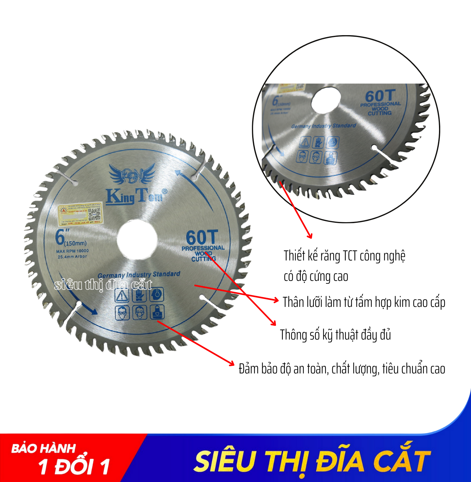 Lưỡi Cưa - Lưỡi Cắt Gỗ Cao Cấp 150-60 Răng KingTom - Chuyên Gỗ Cứng, Gỗ Có Đinh