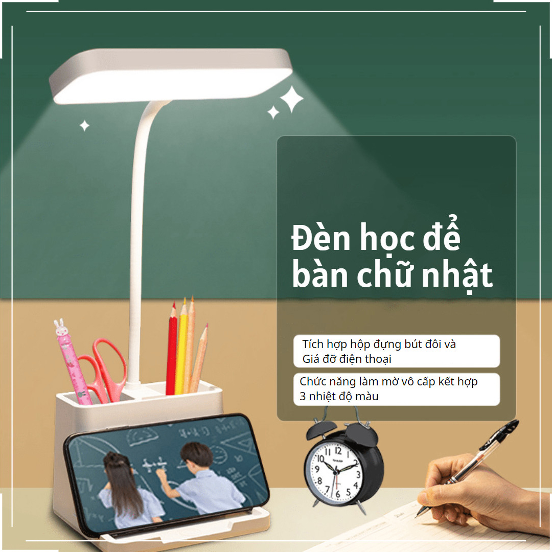 Đèn học để bàn Pin sạc 2500 mAh Đựng bút 3 nhiệt độ màu Làm mờ vô cấp Hình chữ nhật