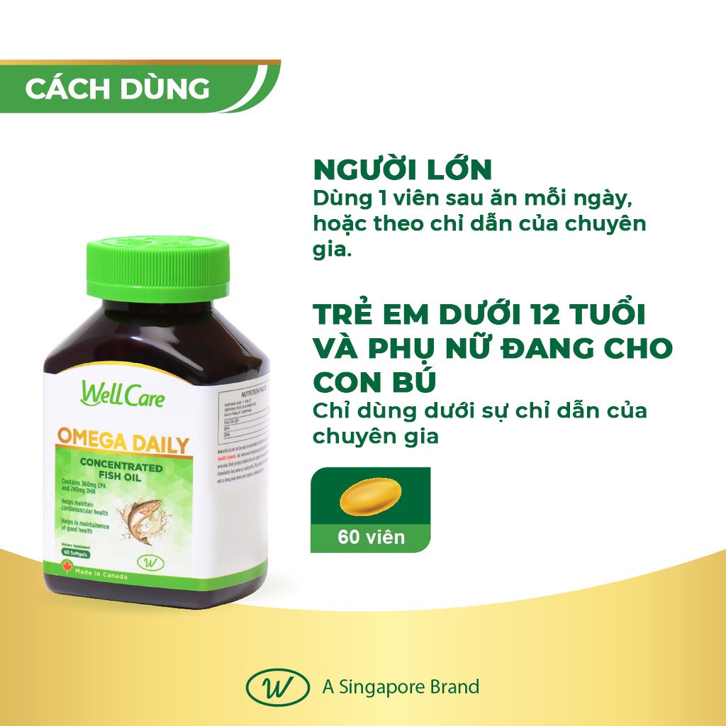 Viên nang mềm OMEGA Daily Wellcare chứa dầu cá với hàm lượng DHA/ EPA cao hỗ trợ cho sự phát triền trí não, hệ thống tim mạch khỏe mạnh