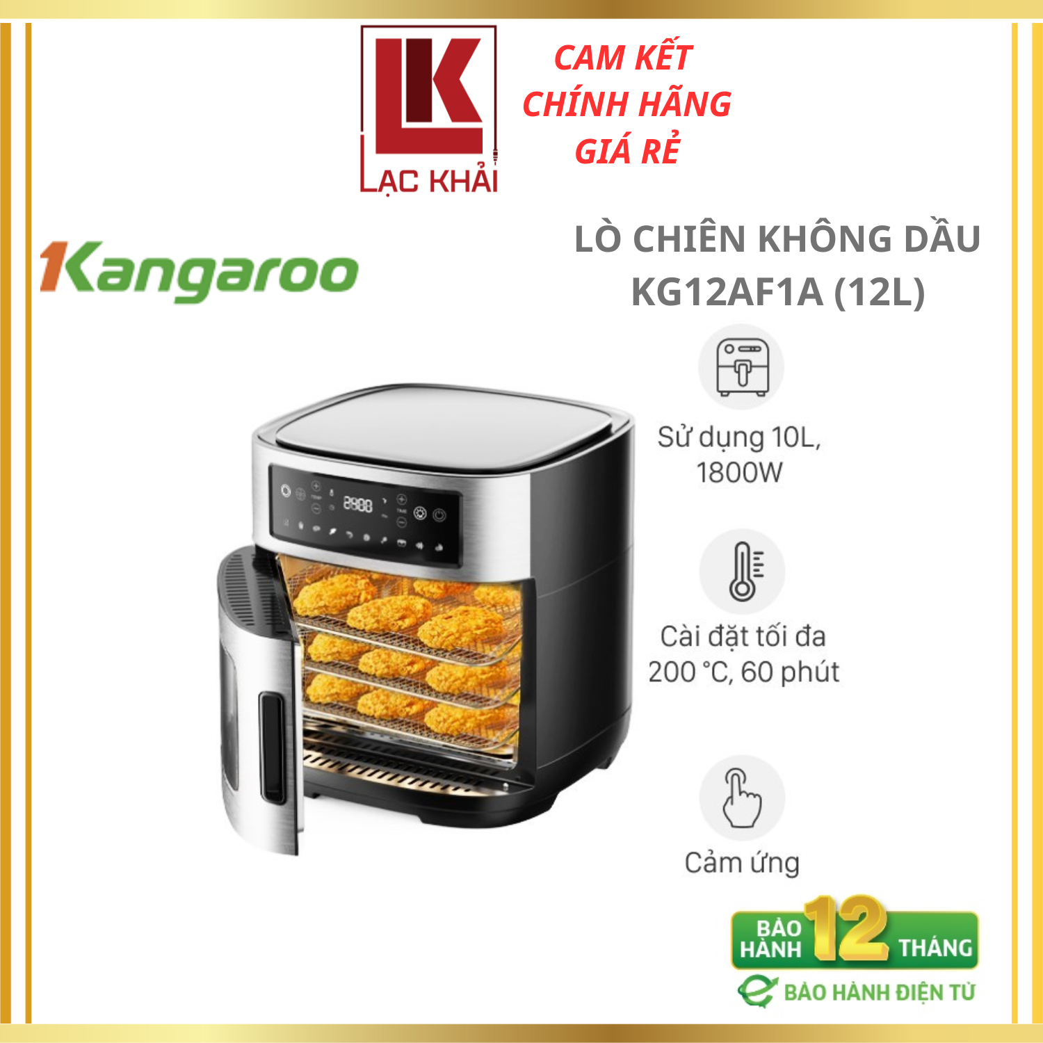 Lò chiên không dầu 12L Kangaroo KG12AF1A - Rapid Air - 1800W - Hàng chính hãng, Bảo hành 12 tháng
