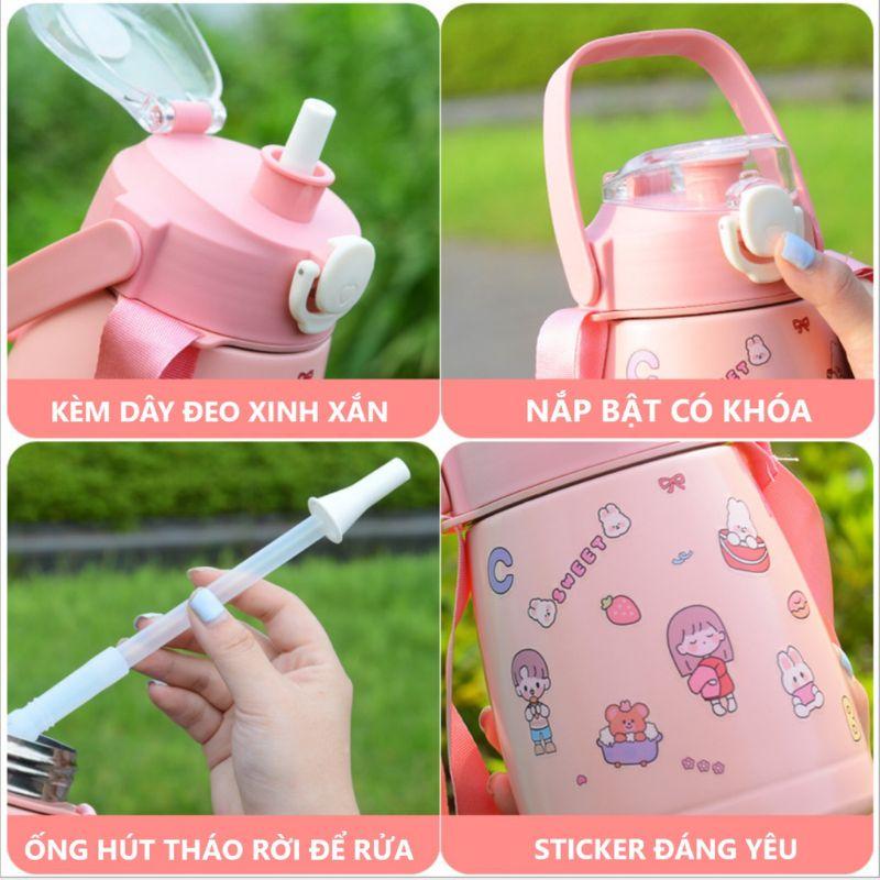 Bình giữ nhiệt 850 ml có ống hút tiện lợi tặng kèm sticker 2d xinh cute