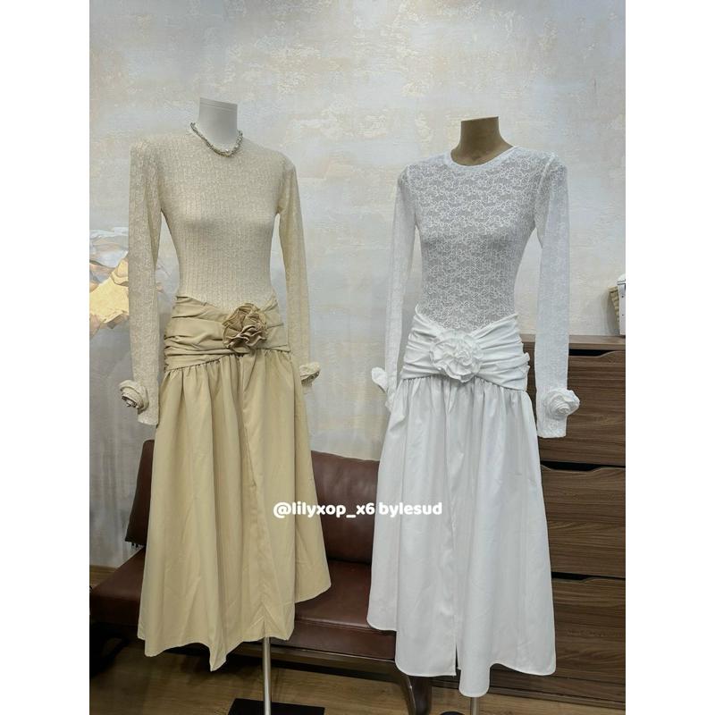 Váy maxi dài tay ren pha chân thô eo xếp hoa cuốn LLX BY JOLIE - Be