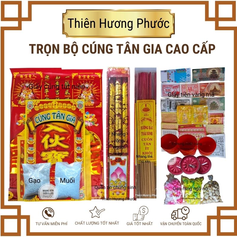 Cúng tất niên cao cấp gồm giấy tiền vàng nhang đèn bánh ngô gạo muối 3 ly nước