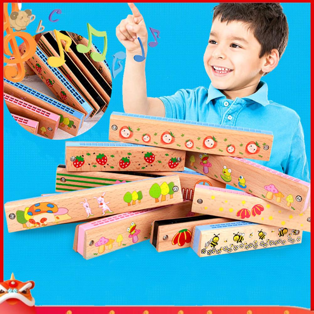 【EY】Wooden 16 Holes Cartoon Harmonica Musical Instrument Early Educational Kids Gift