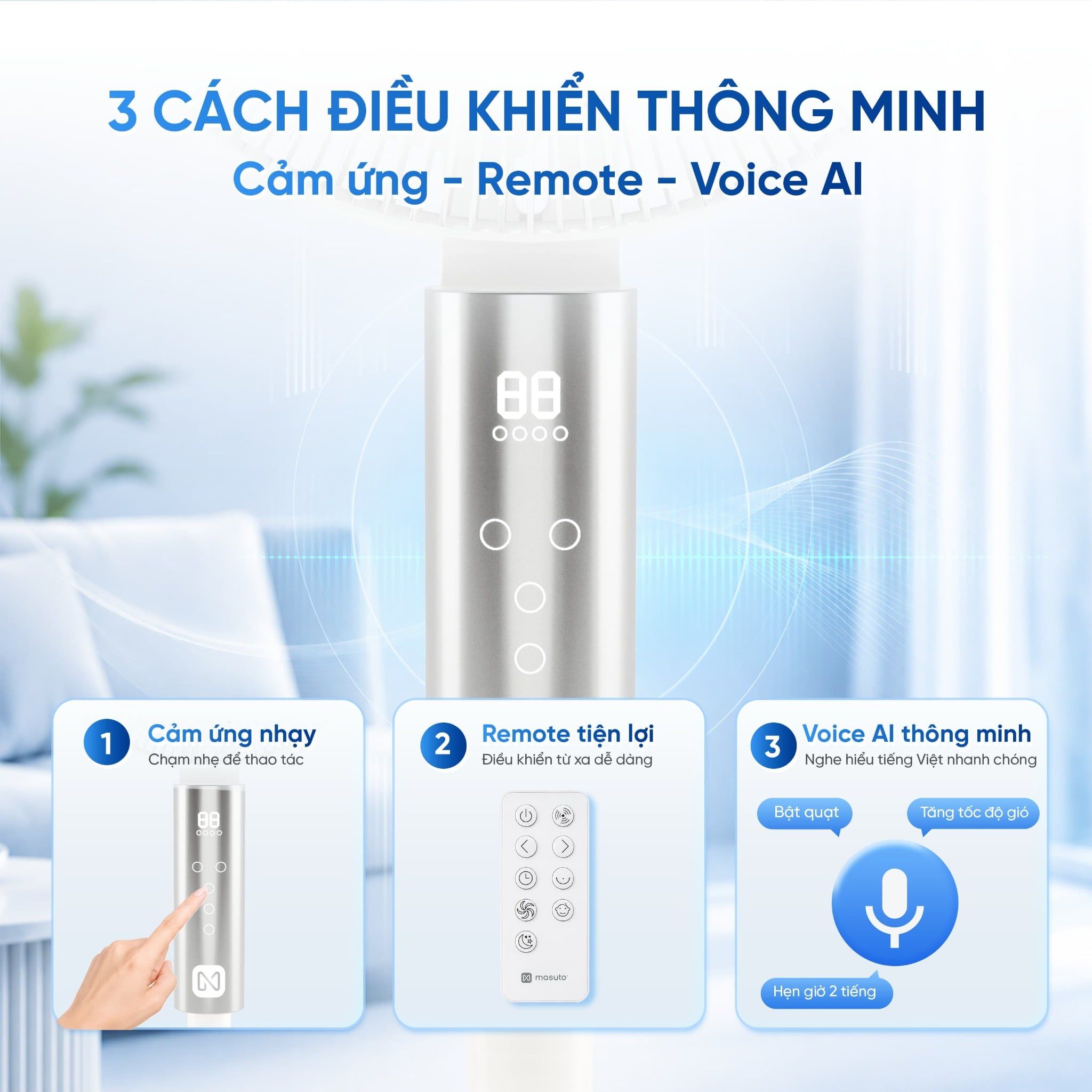 Quạt điện đứng thông minh AI Masuto Smart Air Pro cánh lớn 28cm, Điều khiển giọng nói Tiếng Việt, động cơ BLDC tiết kiệm điện, hẹn giờ 12 tiếng - Hàng chính hãng