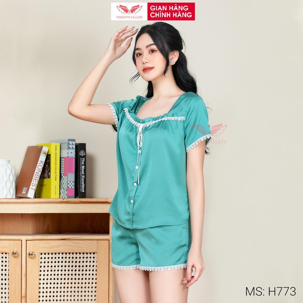 Đồ bộ nữ mặc nhà Pijama VINGO lụa Pháp cap cấp tay ngắn quần đùi có ren và nơ trước ngực trẻ trung mặc mùa Hè H773 VNGO