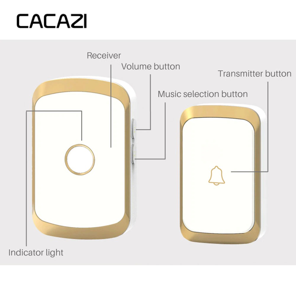 Chuông cửa không dây Cacazi A20, chống nước, 36 loại nhạc chuông, khoảng cách sử dụng trong 300M