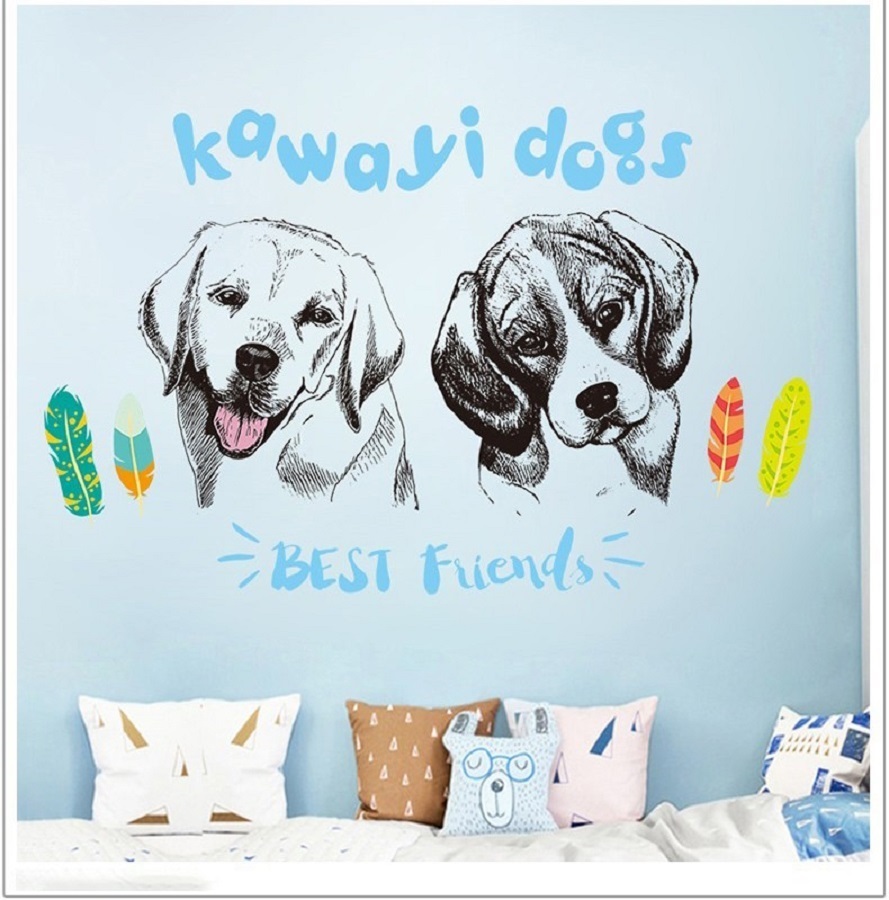 Decal dán tường đôi cún dễ thương Kawaiyi Dogs - Trang trí quán độc đáo