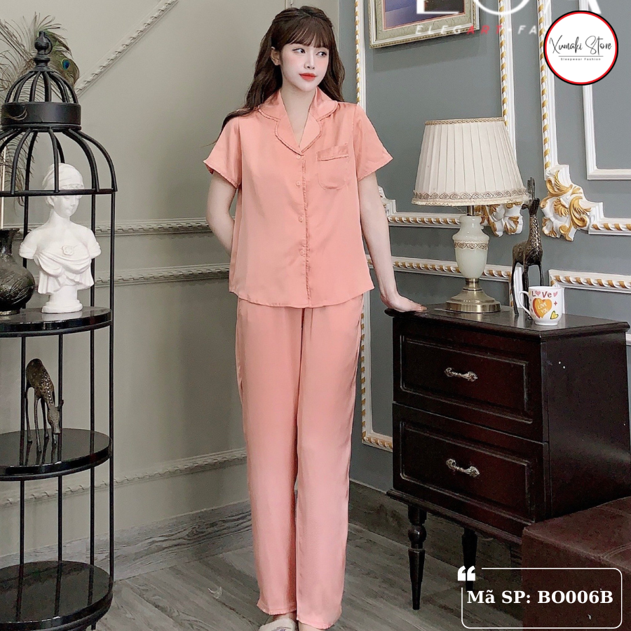 Bộ pijamas nữ áo cộc quần dài nhiều màu trơn chất lụa Xumaki Store BO006B
