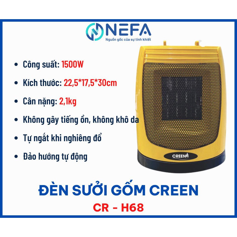 Quạt sưởi gốm Ceramic Creen CR-H68 không gây ồn, 3 chế độ sưởi, tự động đổi hướng, cảm biến nghiêng đổ - Hàng chính hãng