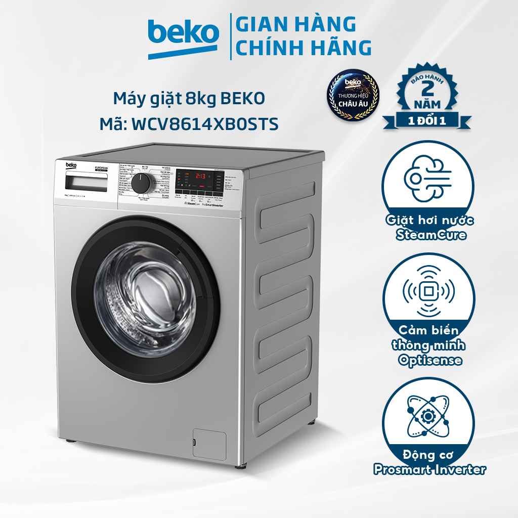 Máy Giặt BEKO 8kg Cửa Trước, Giặt Hơi Nước Steamcure, Cảm Biến Thông Minh Optisense - WCV8614XB0STS - Hàng Chính Hãng