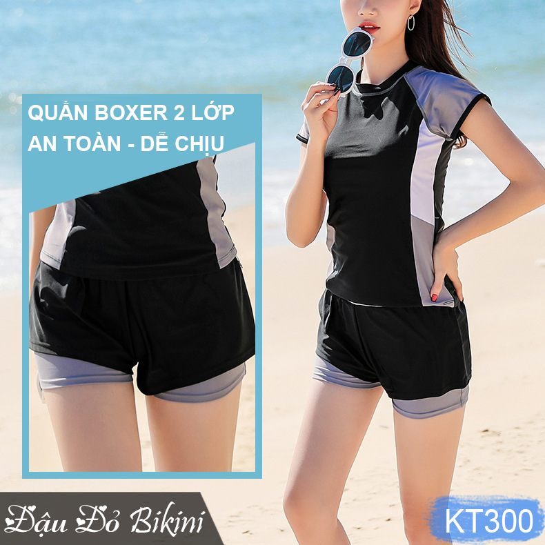 Đồ bơi nữ áo ngắn tay quần short đùi 2 lớp kín đáo, thiết kế trẻ trung, dấu bụng tốt, chất thun bơi Hàn cao cấp | KT300