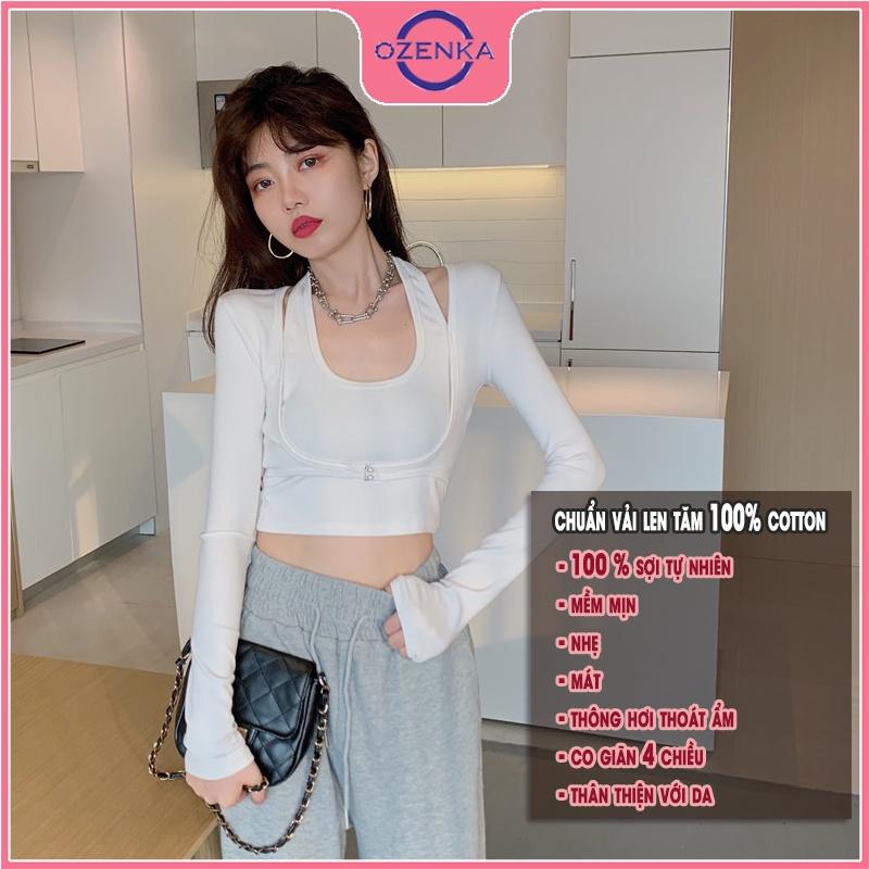 Áo thun croptop tay dài ôm body nữ , crt len tăm cotton đẹp màu đen trắng free size dưới 50kg