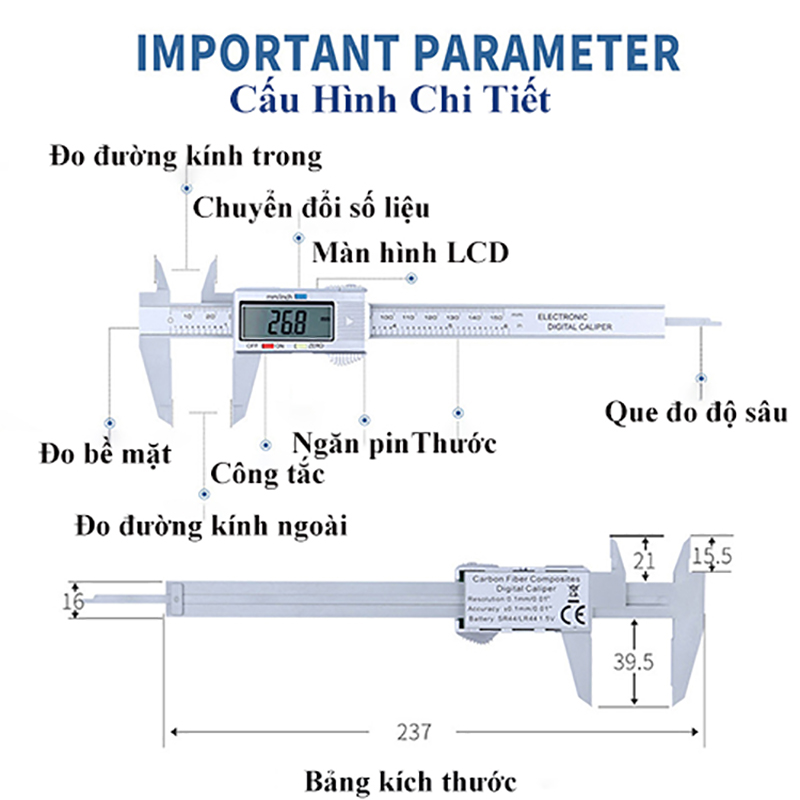 Thước cặp điện tử ABG cơ khí chính xác 150mm đo 2 hệ mét/inch tặng kèm hộp nhựa