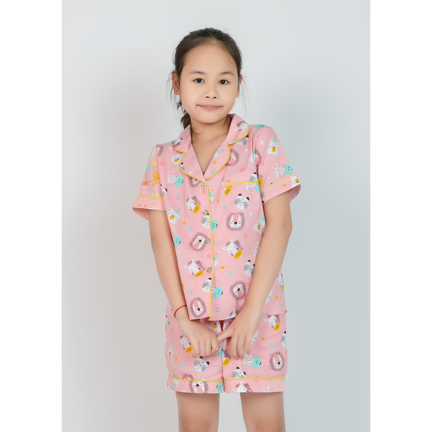 Bộ Pijama mặc nhà bé gái áo cộc quần đùi màu hồng đầu sư tử