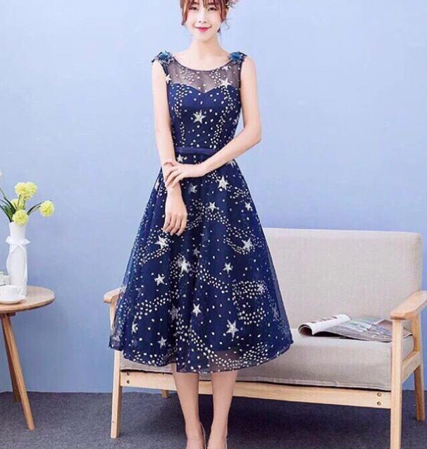Đầm xòe sát nách lưới đính đá kim tuyến sao xanh - XL