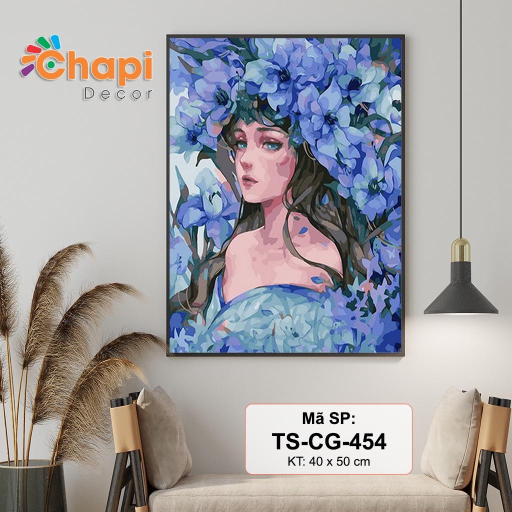 Tranh tô màu số hóa Cô Gái Tóc Hoa, Nàng Thơ KT 40x50cm đã căng khung, Có dầu bóng