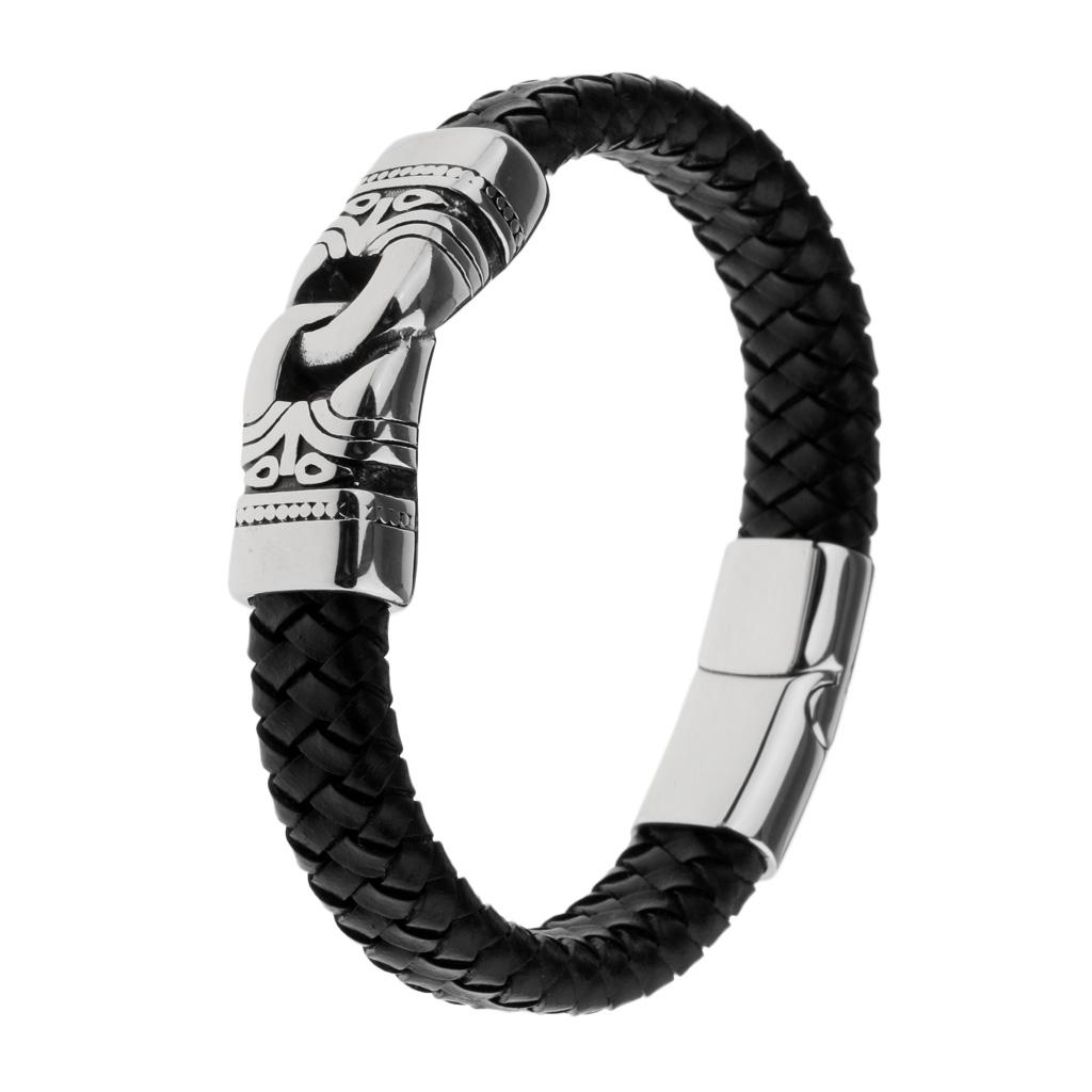Stainless Steel Braided Leather Bracelet for Men Bangle Wrap Clasp