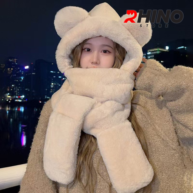 Mũ lông, mũ len kèm khăn quàng Rhino WS101 ấm áp, dễ thương hàng chính hãng