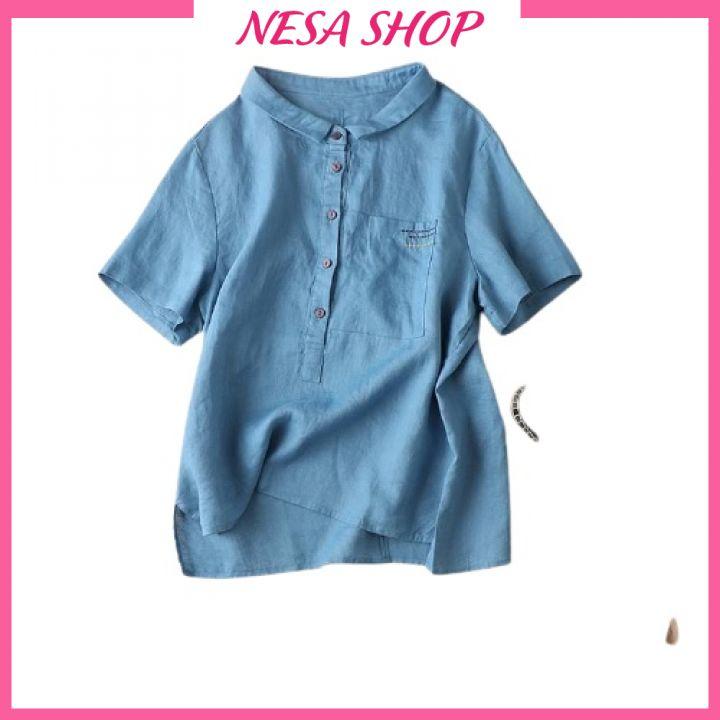 Áo sơ mi nữ tay ngắn NeSa Shop, áo kiểu nữ, chất liệu Đũi tơ mềm mát, áo sơ mi kiểu form trẻ trung AKS.49