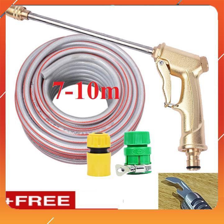 Bộ dây vòi xịt nước rửa xe, tưới cây , tăng áp 3 lần, loại 7m, 10m 206701-3 đầu đồng, cút,nối vàng+ mở chai