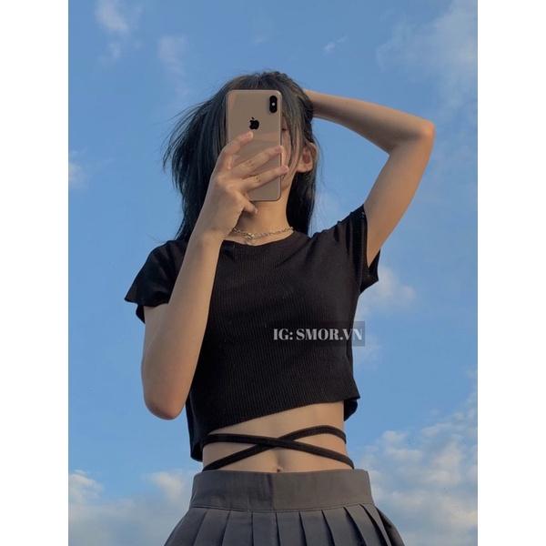 Áo croptop tay ngắn, đan dây eo