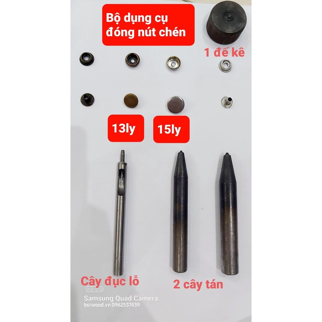 Bộ dụng cụ đóng nút chén gồm Cây đục lỗ,cây đóng nút bấm,đế kê