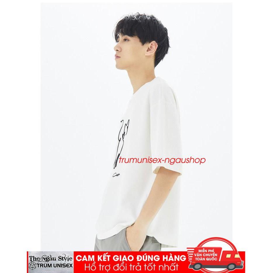 Áo thun stee form rộng tay lửng nam nữ hàn quốc Mèo bút chì aothununisex aophongnam