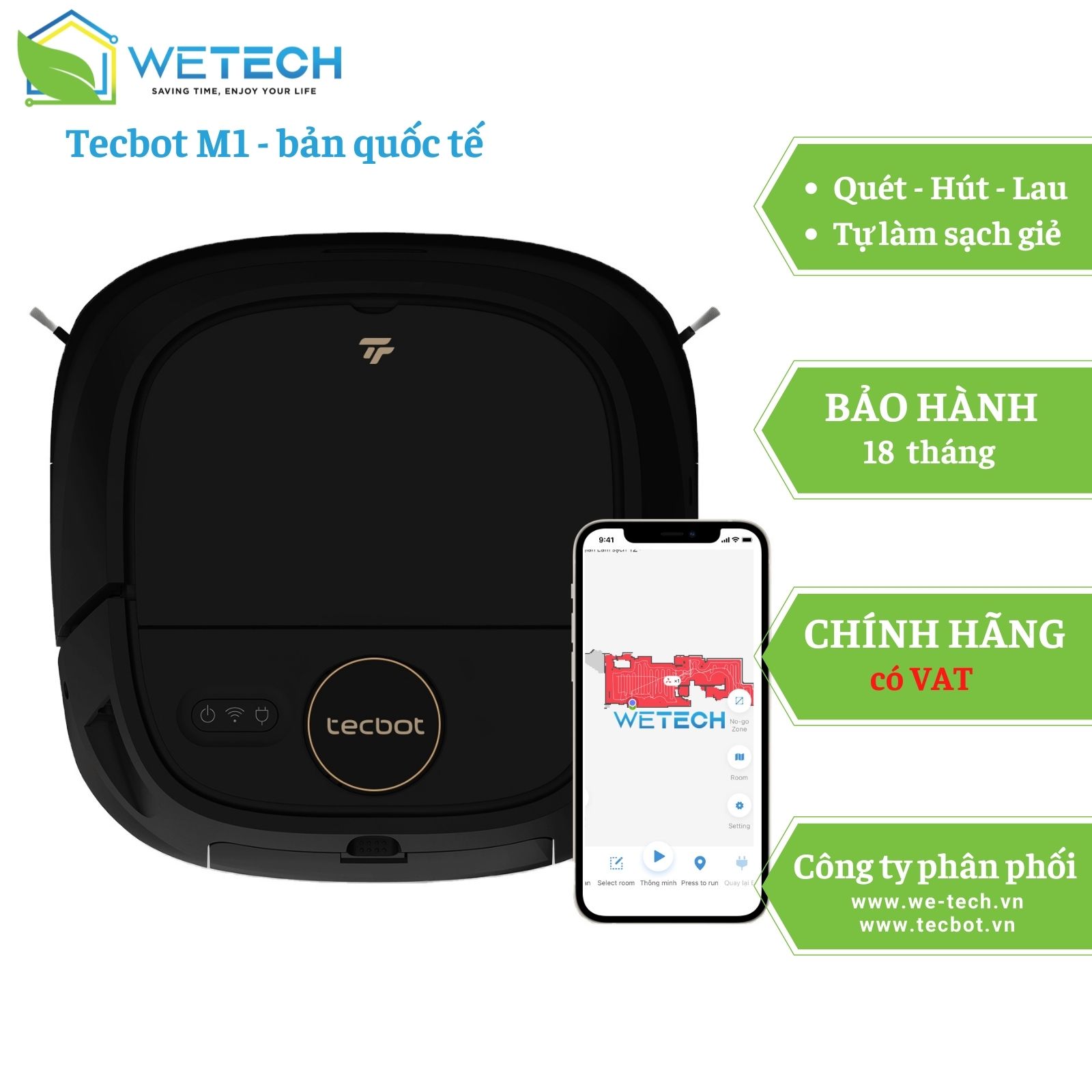 Robot tự giặt giẻ lau và hút bụi lau nhà Tecbot M1 bản quốc tế - Hàng chĩnh hãng