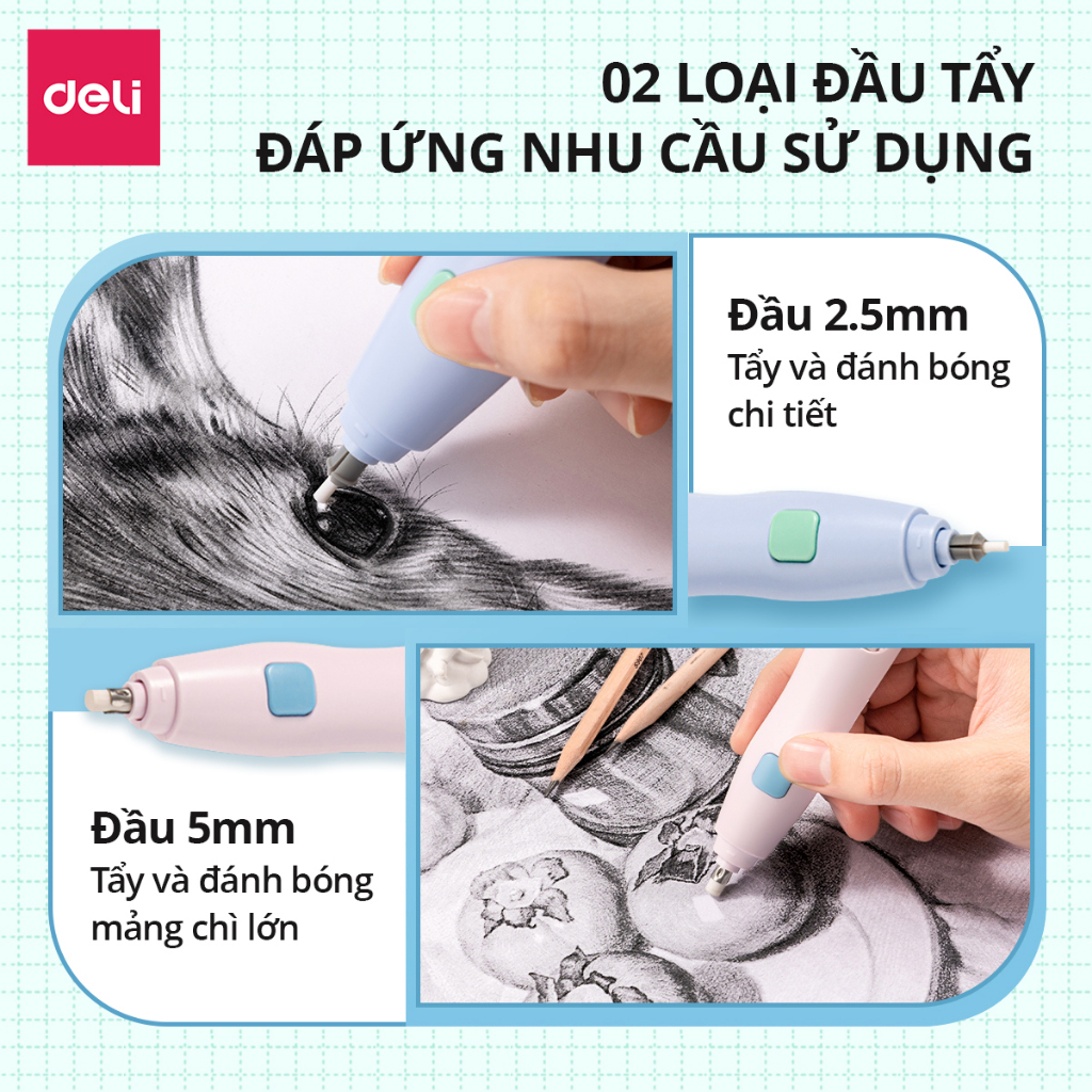 [PHIÊN BẢN MỚI] Bút tẩy điện Deli - Đánh bóng tranh vẽ, tẩy chi tiết nhỏ/to - 20 lõi thay Học sinh sinh viên văn phòng