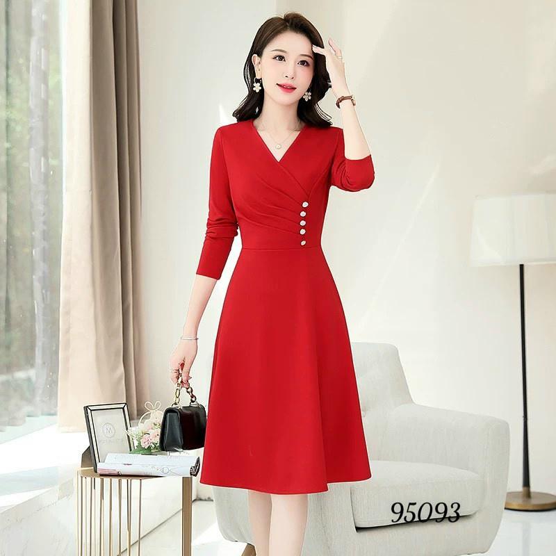 Đầm váy nữ dài tay đính ngọc dự tiệc chữ A màu đỏ xanh sang trọng quý phái