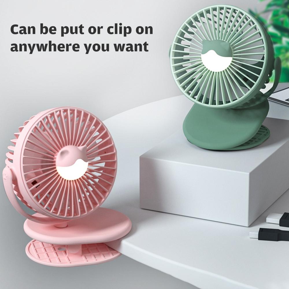 Quạt để bàn có đế kẹp mini xoay 360 độ có đèn ban đêm 3 chế độ chỉnh sạc bằng USB