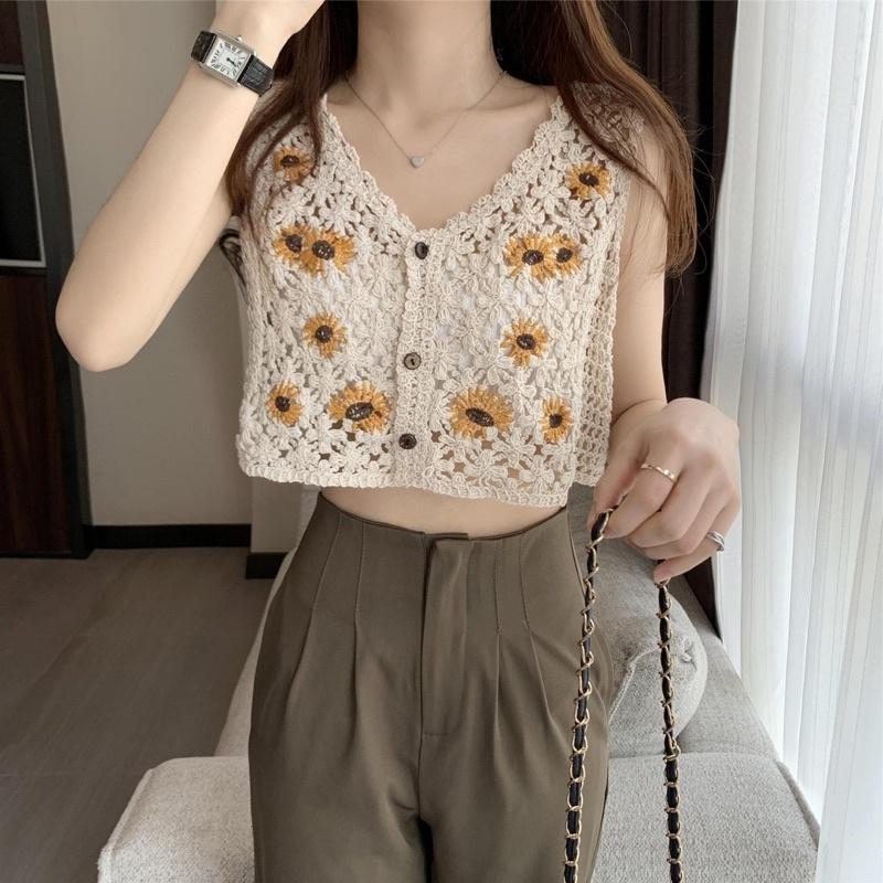 Áo 2 dây sợi móc thêu hoa dáng croptop mặc đi biển cực yêu