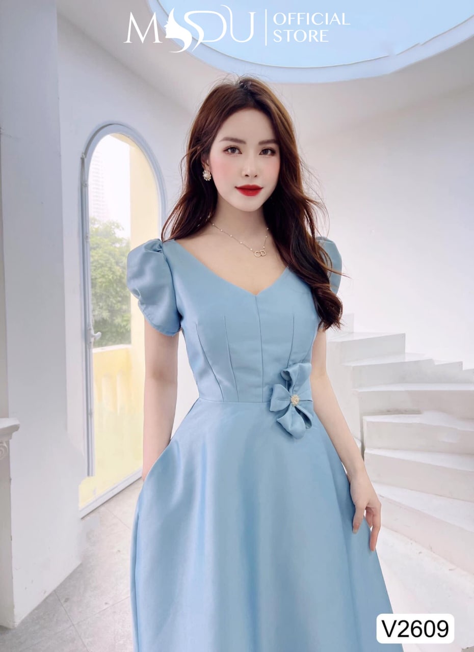 Váy đầm chất chất tafta xanh ngọc cổ V dáng xòe  V2609 - Glady design [kèm ảnh thật