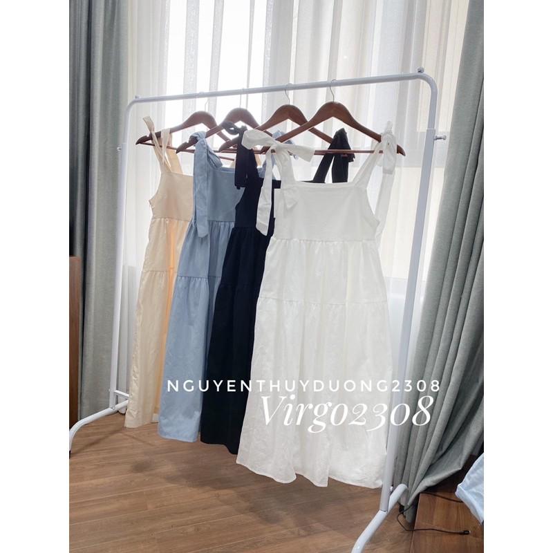 Váy thô đũi dáng babydoll 2 dây nơ vai/Đầm thô đũi babydoll