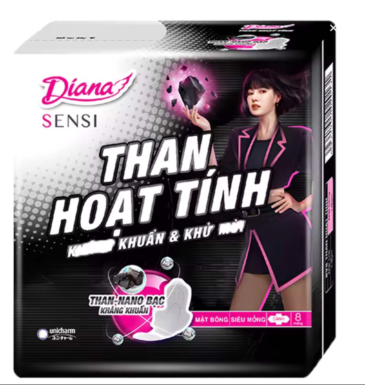 (23cm) Lốc 6 Gói Băng Vệ Sinh Diana Sensi Than Hoạt Tính Kháng Khuẩn và Khử Mùi Mặt Bông- Mỗi Gói 8 Miếng - Hsd Luôn Mới