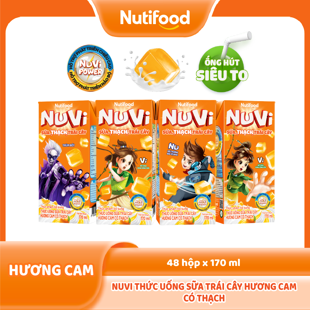 Thùng 48 hộp Sữa Chua Uống Có Thạch Nuvi Vị Cam 170ml - Tăng Chiều Cao, Mắt Sáng