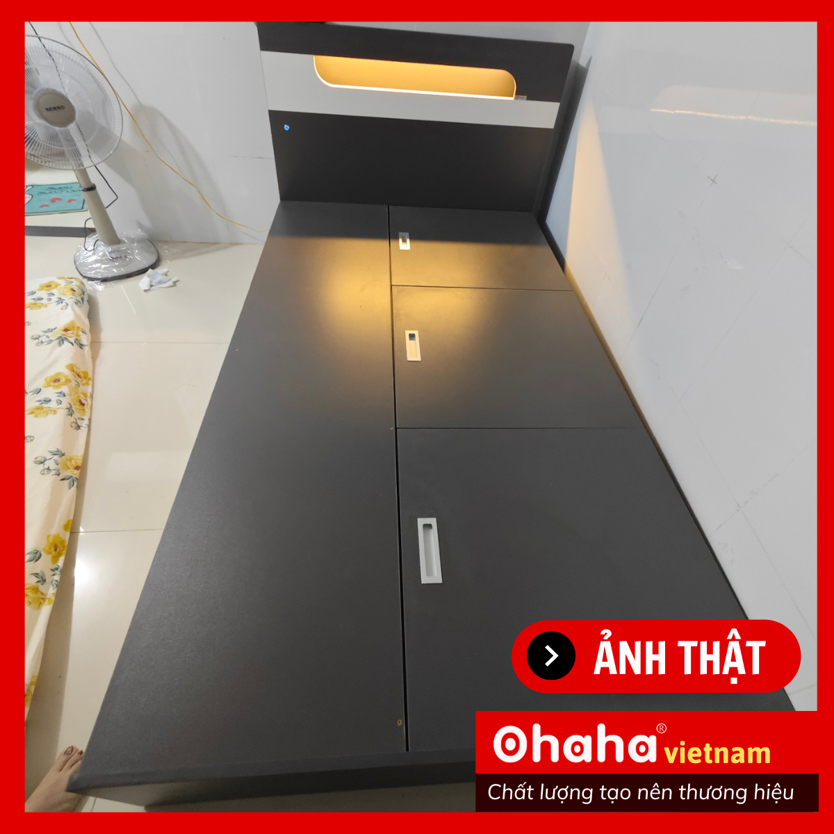 [ Kèm Ảnh Thực Tế - Miễn phí vận chuyển &amp; Lắp đặt tại TP.HCM ]  Giường ngủ gỗ công nghiệp cao cấp Ohaha - GC033 - 02 - Kèm đèn Led - Xám Chì/Trắng