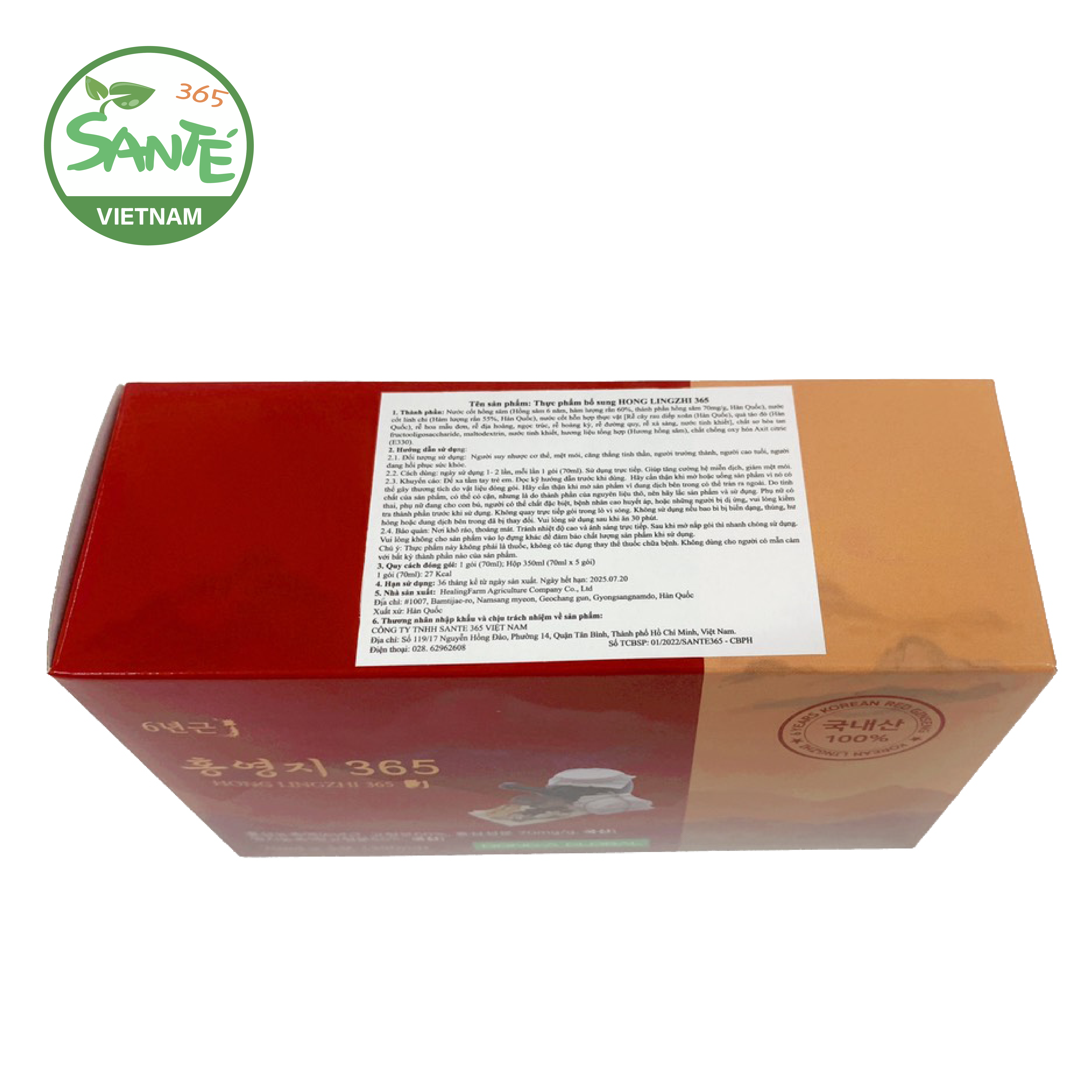 Sante365 - Thực Phẩm Bổ Sung - HONG LINGZHI 365 - NƯỚC HỒNG SÂM LINH CHI DẠNG GÓI 5 GÓI 70ml